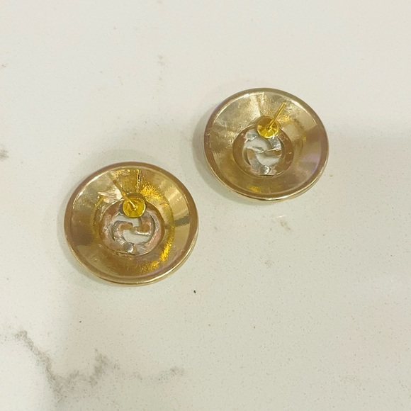 Luxury White/Gold Signature Logo Repurposed Button Earrings 23mm - Picture 2 of 2